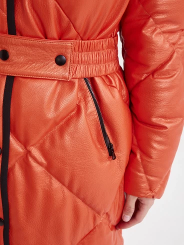Кожаное пальто с капюшоном премиум класса женское 3026, оранжевое, размер 44, артикул 25410-2