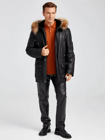 Кожаная куртка-аляска утепленная мужская Алекс, с мехом енота, черная DS, размер 50, артикул 40380-3