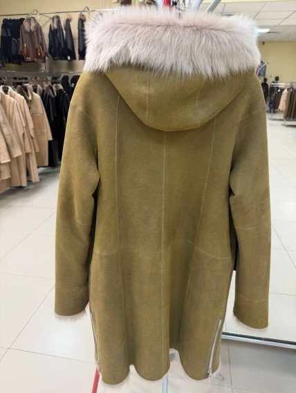 Бежевая женская дубленка с капюшоном из тосканы 2067, размер 46, артикул 92320-1