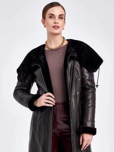 Кожаное пальто зимнее женское 390мех, с капюшоном, черное, размер 46, артикул 91800-3