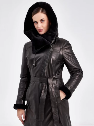 Кожаное пальто зимнее женское 390мех, с капюшоном, черное, размер 46, артикул 91800-6