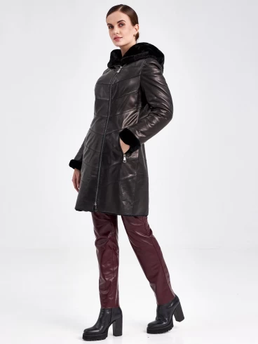 Кожаное пальто зимнее женское 391мех, с капюшоном, черное, размер 46, артикул 91820-1