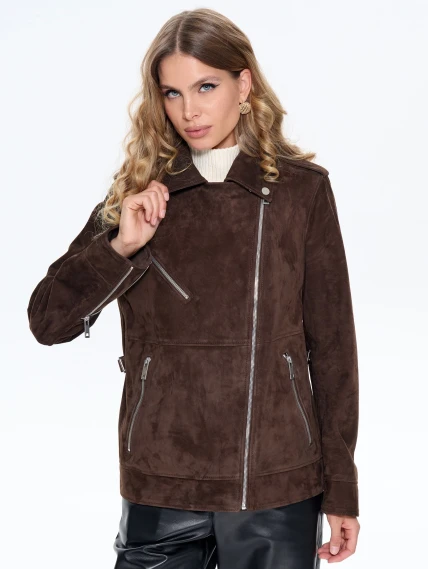 Замшевая женская куртка косуха премиум класса 3079з, коричневая, размер 42, артикул 24700-1