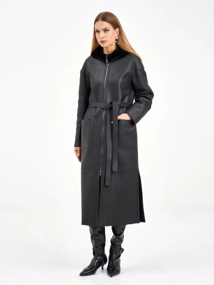 Длинная женская дубленка с капюшоном 2071, черная, размер 44, артикул 65060-7