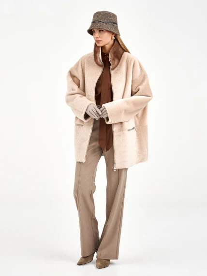 Белая дубленка из астрагана с норкой 59мех, размер 52, артикул 65130-1