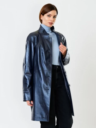 Кожаное пальто женское 378, синий перламутр, размер 48, артикул 91130-5