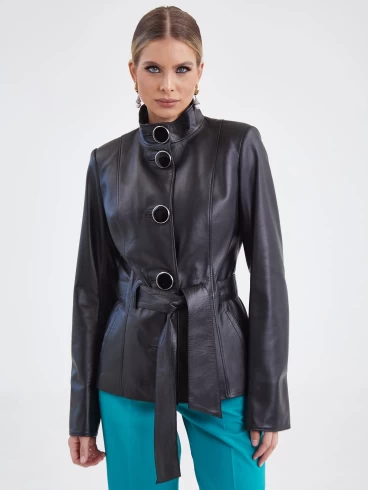 Кожаная куртка женская 334, с поясом, черная, размер 40, артикул 15420-0