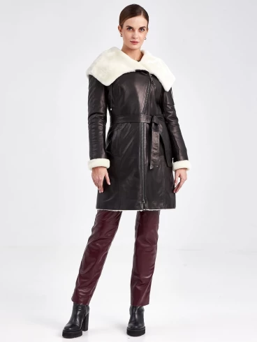 Кожаное пальто зимнее женское 390мех, с капюшоном, черно-белое, размер 46, артикул 91810-1