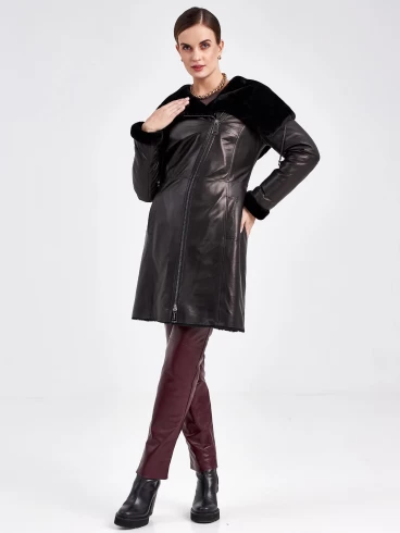 Кожаное пальто зимнее женское 390мех, с капюшоном, черное, размер 46, артикул 91800-1