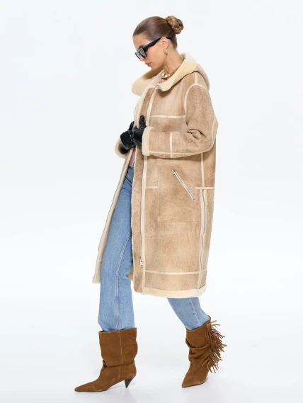 Бежевая женская дубленка с капюшоном 2061, размер 42, артикул 65210-6