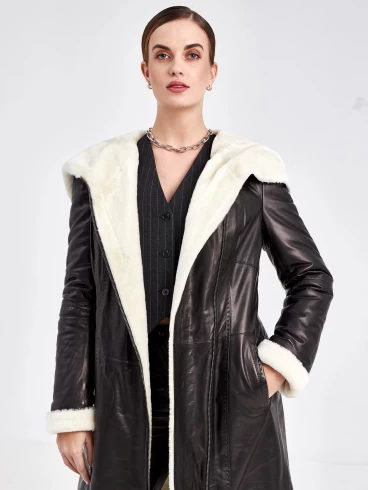 Кожаное пальто зимнее женское 394мех, с капюшоном, черно-белое, размер 46, артикул 91880-3
