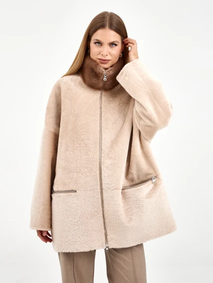 Белая дубленка из астрагана с норкой 59мех, размер 52, артикул 65130-0