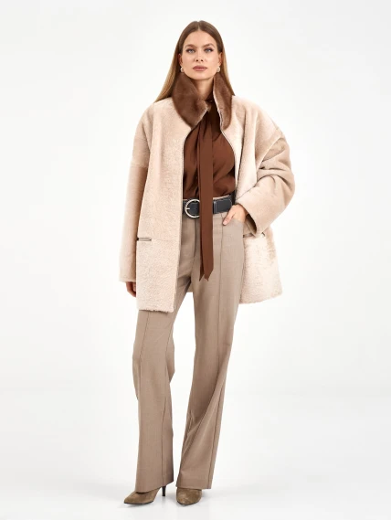 Белая дубленка из астрагана с норкой 59мех, размер 52, артикул 65130-7