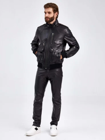 Кожаная куртка бомбер мужская Пит, черная, размер 50, артикул 29190-1