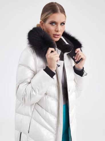Пальто кожаное с капюшоном премиум класса женское 3025 с мехом песца, серебристое, размер 44, артикул 25430-0