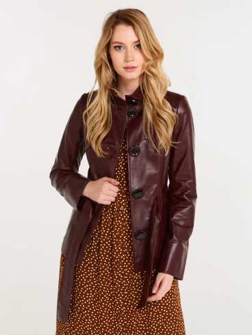 Кожаная куртка женская 334, с поясом, бордовая, размер 42, артикул 90630-0
