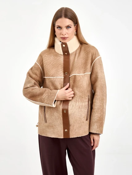 Короткая женская дубленка 2074, бежевая, размер 44, артикул 65250-0