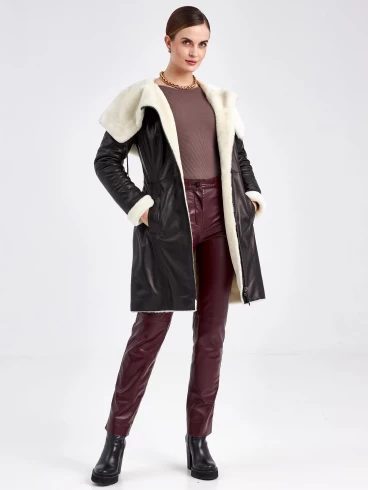 Кожаное пальто зимнее женское 390мех, с капюшоном, черно-белое, размер 46, артикул 91810-5