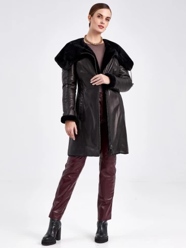 Кожаное пальто зимнее женское 390мех, с капюшоном, черное, размер 46, артикул 91800-5