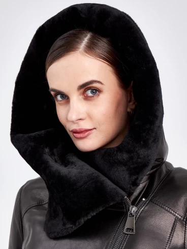 Кожаное пальто зимнее женское 390мех, с капюшоном, черное, размер 46, артикул 91800-4