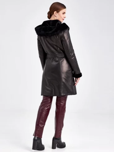 Кожаное пальто зимнее женское 390мех, с капюшоном, черное, размер 46, артикул 91800-2