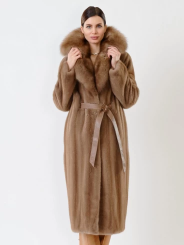 Пальто из меха норки с соболем женское 19009(ав), длинное, пастельное, размер 52, артикул 32680-0