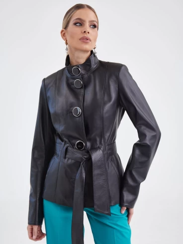 Кожаная куртка женская 334, с поясом, черная, размер 40, артикул 15420-1