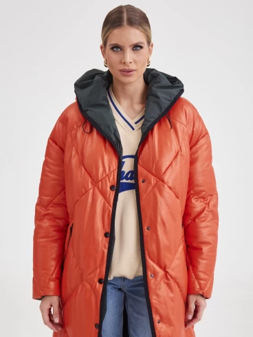 Кожаное пальто с капюшоном премиум класса женское 3026, оранжевое, размер 44, артикул 25410-3