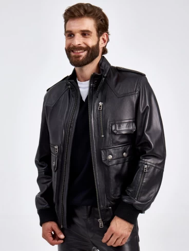 Кожаная куртка бомбер мужская Пит, черная, размер 50, артикул 29190-6