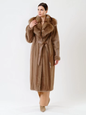 Пальто из меха норки с соболем женское 19009(ав), длинное, пастельное, размер 52, артикул 32680-3