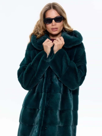 Зеленая норковая женская шуба с капюшоном 2а(к)-1