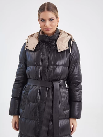 Черное кожаное пальто с капюшоном премиум класса женское 3024-0
